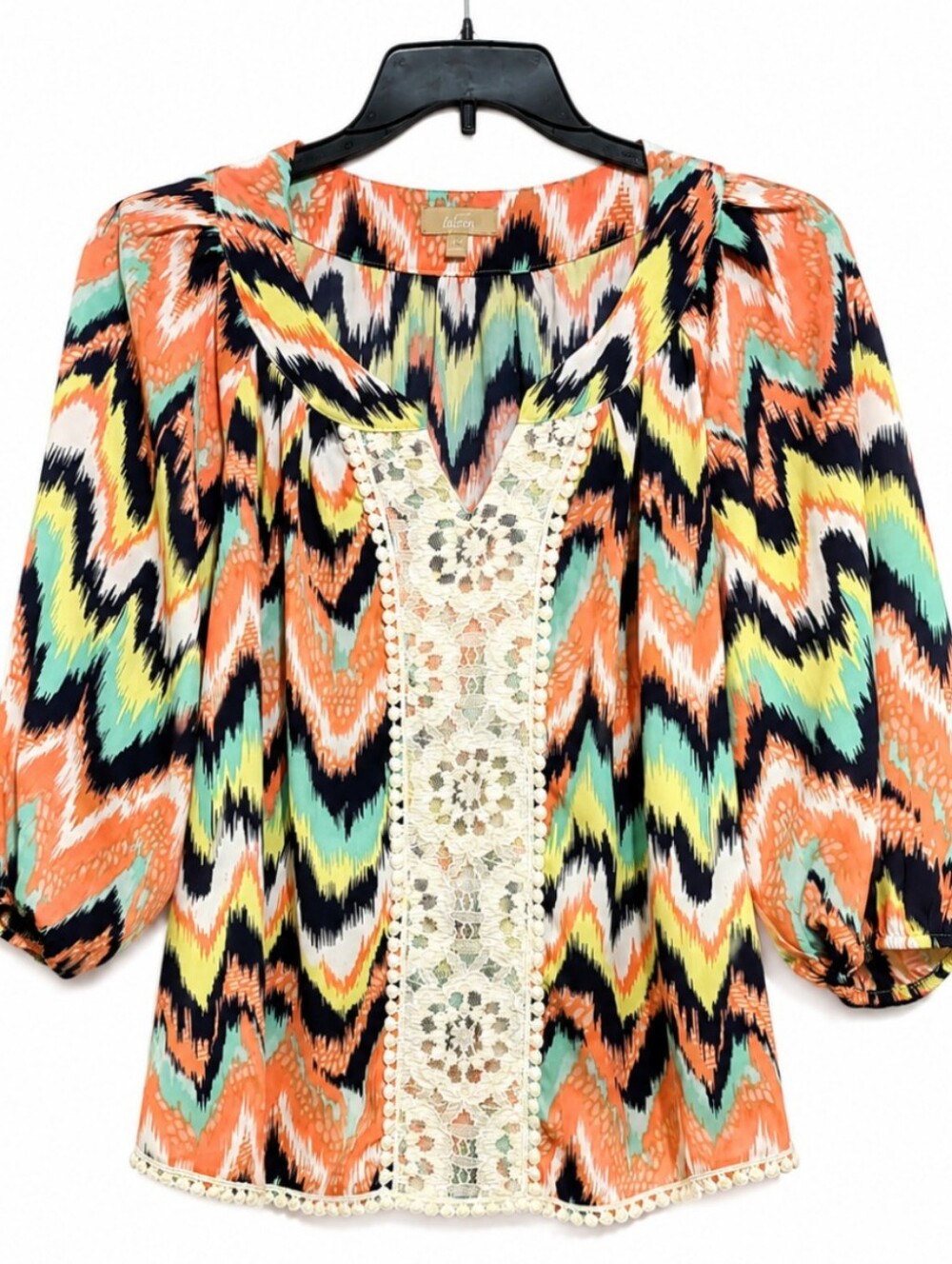 Takara Women's Size Medium Coral, Black & Mint Chevron Crochet-Trim Blouse